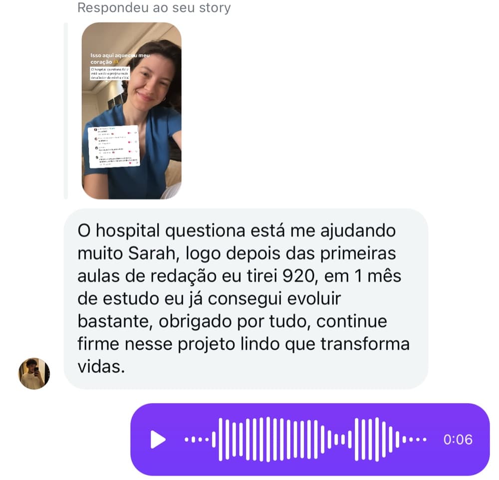 Resposta ao story: 'Logo depois das primeiras aulas de redação eu tirei 920, em 1 mês de estudo eu já consegui evoluir bastante'